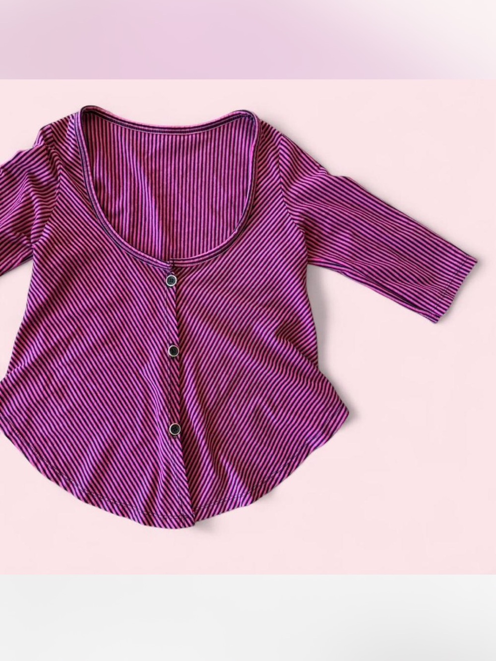Cute Vertical Striped Pink Button-Front Scoop Neck Half Sleeve Women's Top